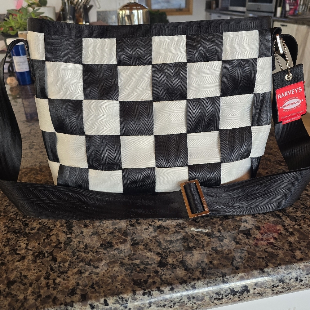 Harvey's Original Seatbelt Crossbody Bag, Black And White Checkerboard Purse